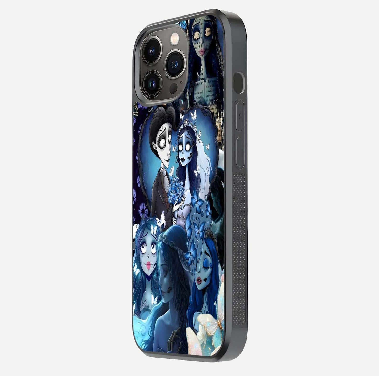 Butterfly Ghost Soul Glass Case for iPhone 13 Pro side-angle image capturing edge light and deep design tones
