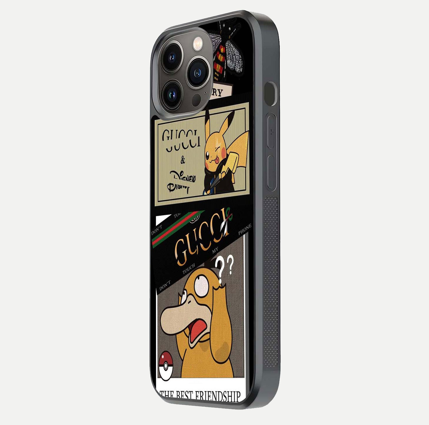 Cartoon Brand Play Mashup Glass Case for iPhone 13 Pro side-angle image showing reflection brightness and fun graphic mix