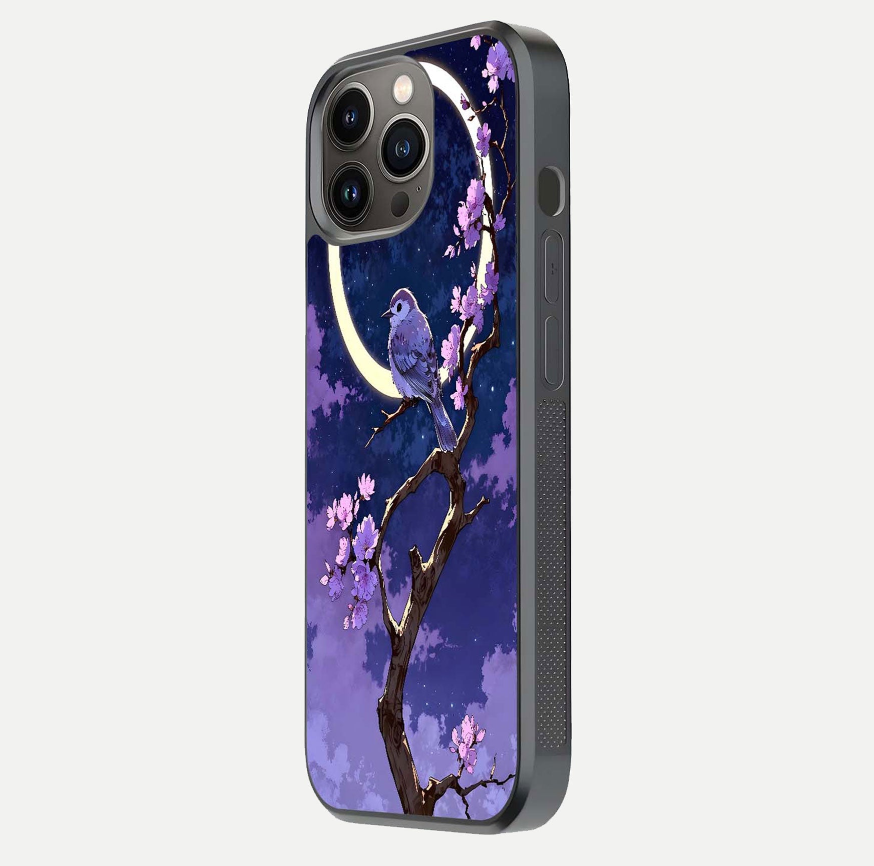 Celestial Bird Blossom Glass Case for iPhone 13 Pro side-angle image showing detailed wings and glossy polish