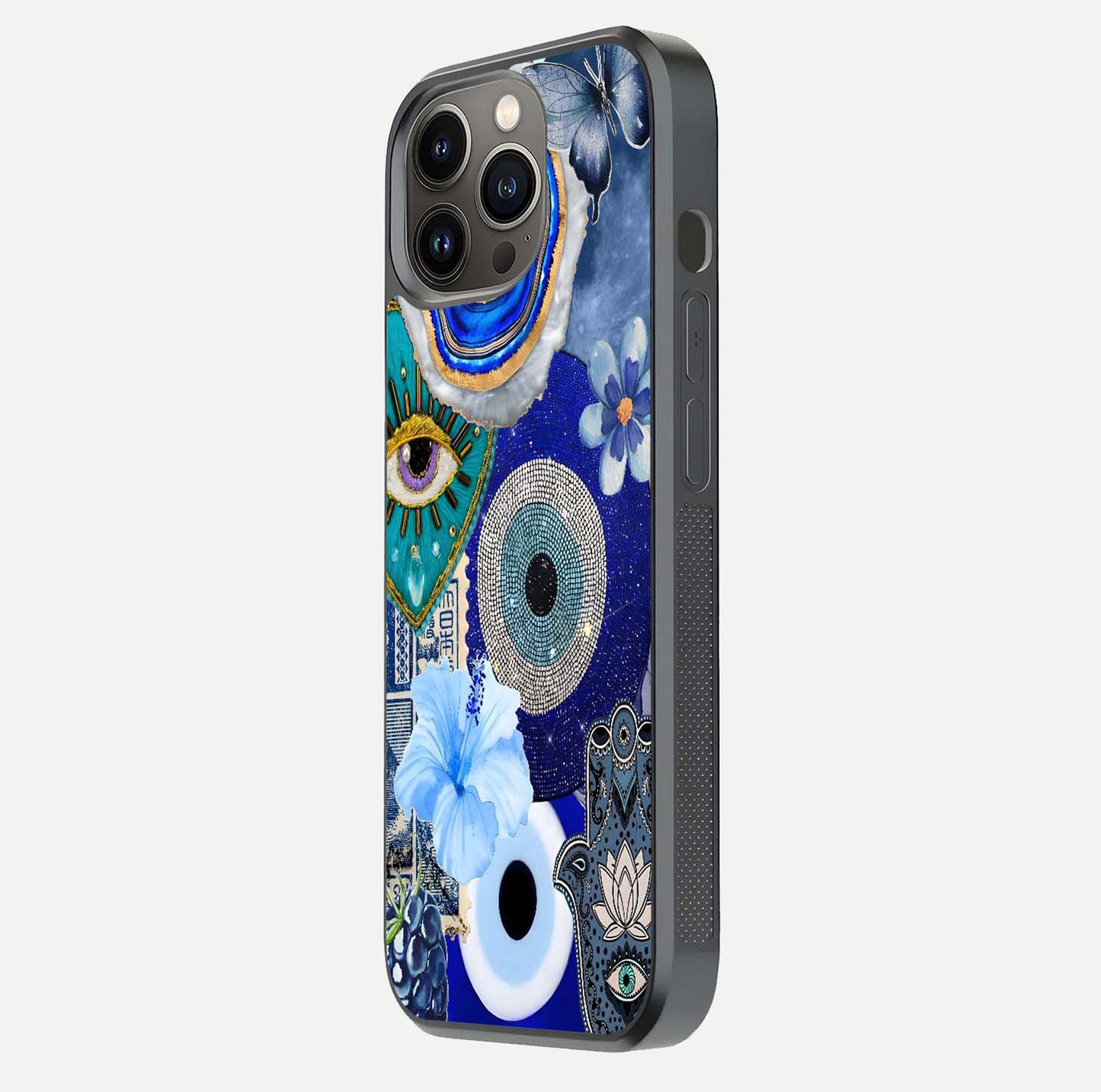 Celestial Blue Vision Glass Case for iPhone 13 Pro side-angle image capturing starlight shimmer and glass reflection