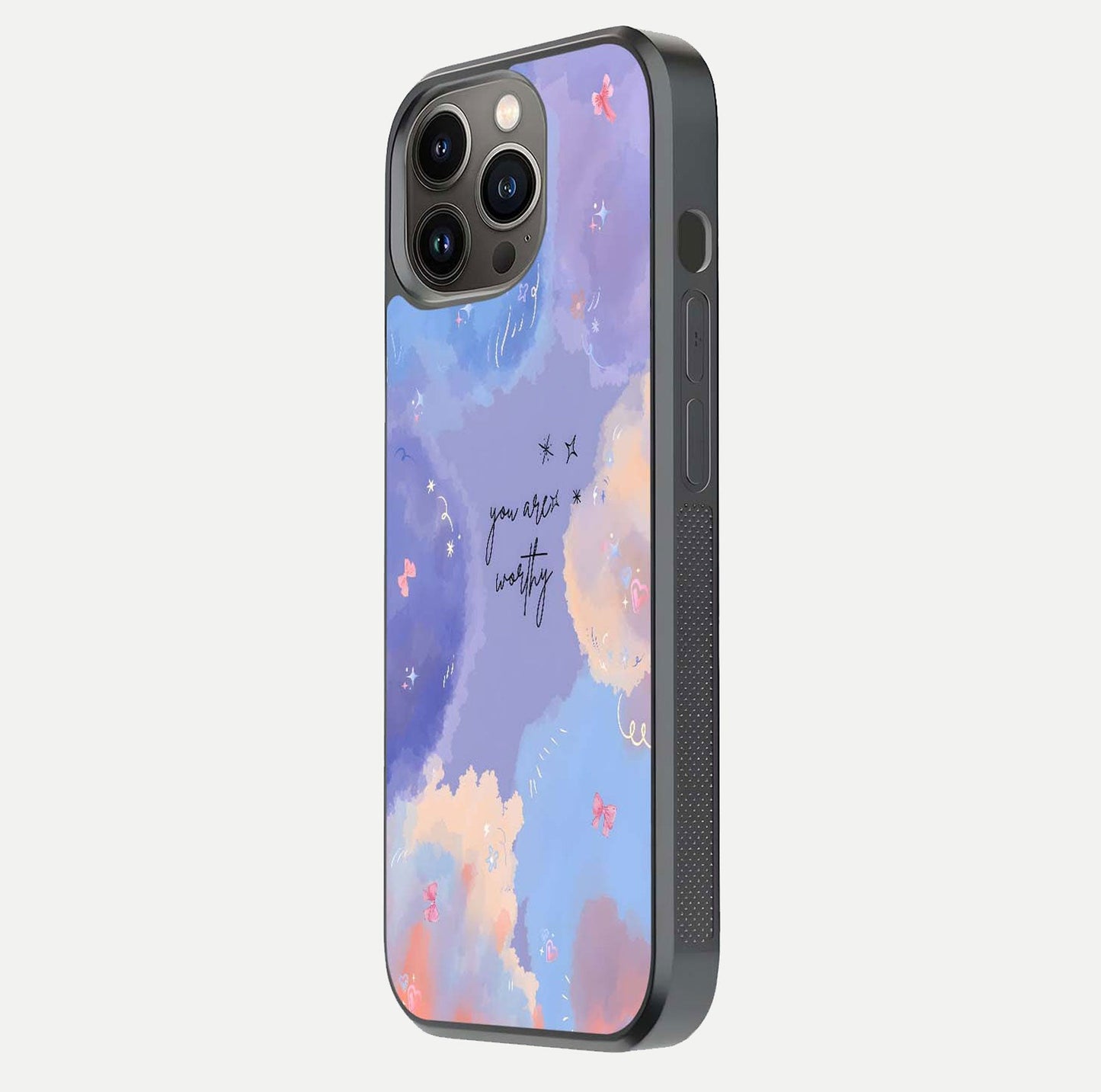 Celestial Cloud Magic Glass Case for iPhone 13 Pro side-angle photo showing edge reflection and dreamy texture