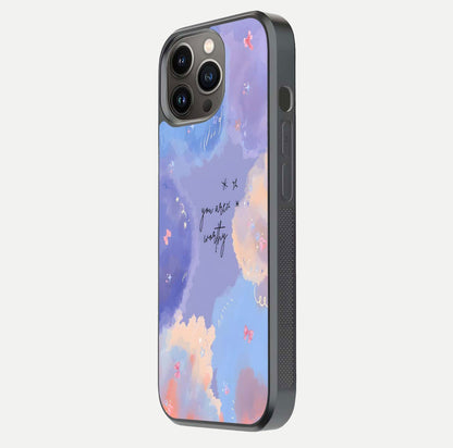 Celestial Cloud Magic Glass Case for iPhone 13 Pro side-angle photo showing edge reflection and dreamy texture