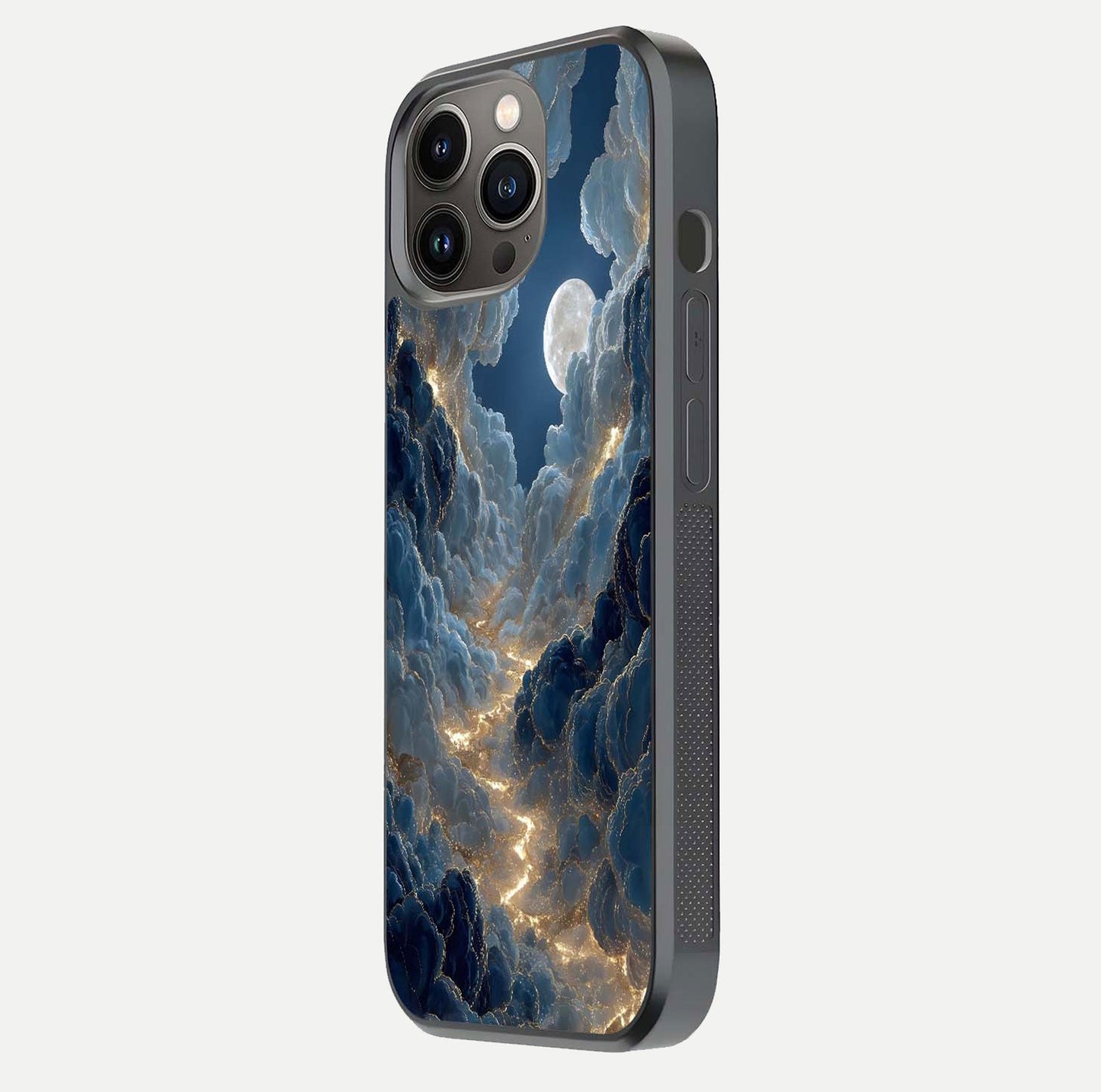 Celestial Cloud Road Glass Case for iPhone 13 Pro side-angle image showing soft pastel tones and edge clarity