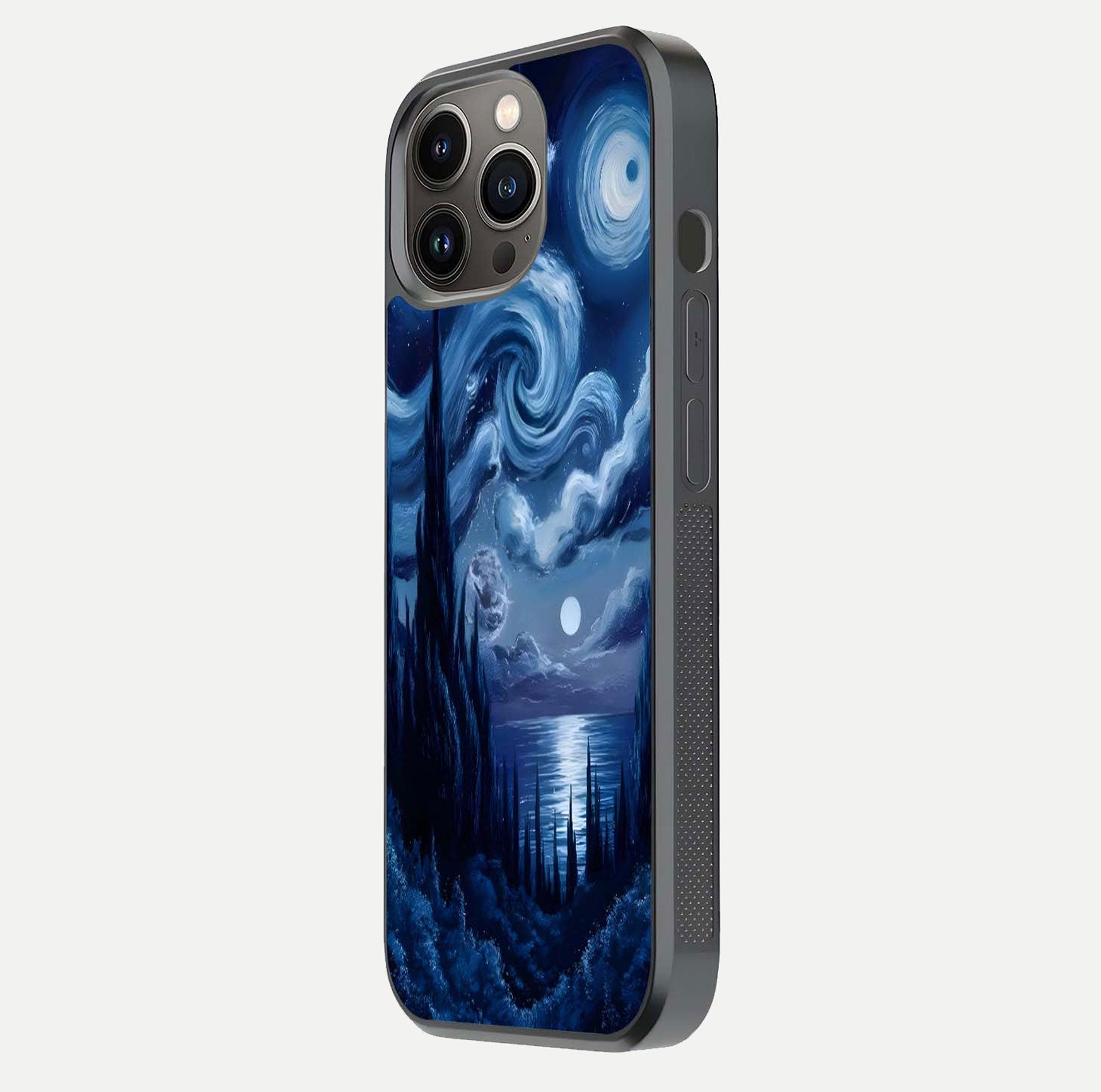 Celestial Dream Van Gogh Glass Case for iPhone 13 Pro side-angle photo showing depth swirl design and curved reflection
