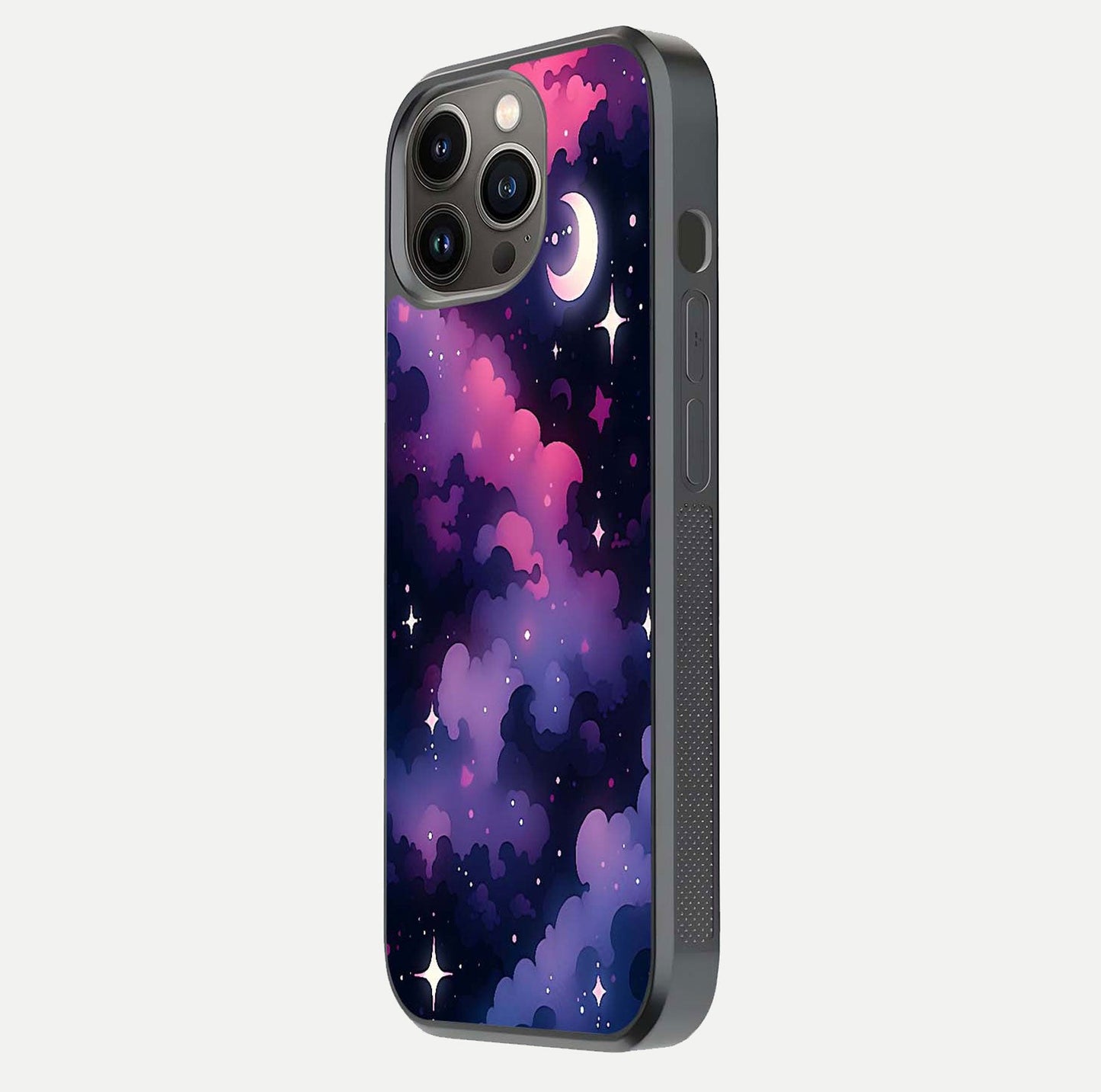 Celestial Moon Magic Glass Case for iPhone 13 Pro side-angle shot capturing soft reflection and curved gloss