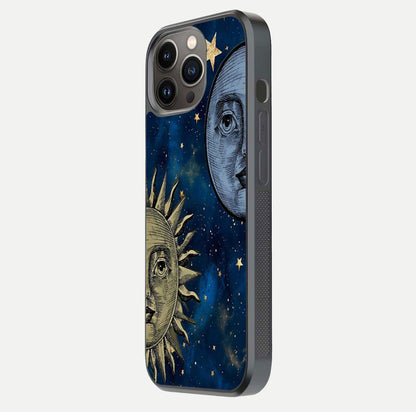 Celestial Moon With Sun Glass Case for iPhone 13 Pro side-angle image showing reflection tones and cosmic edge