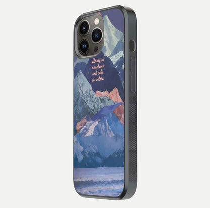 Celestial Mountain Calm Glass Case for iPhone 13 Pro side-angle image capturing mountain detail and shine gradient