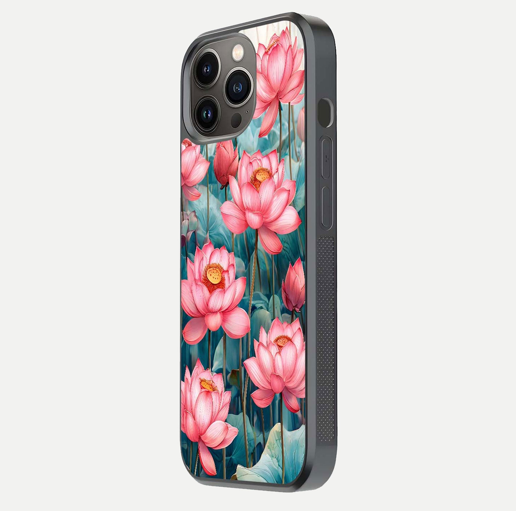 Celestial Pink Lotus Glass Case for iPhone 13 Pro side-angle image showing reflective shine and petal curve