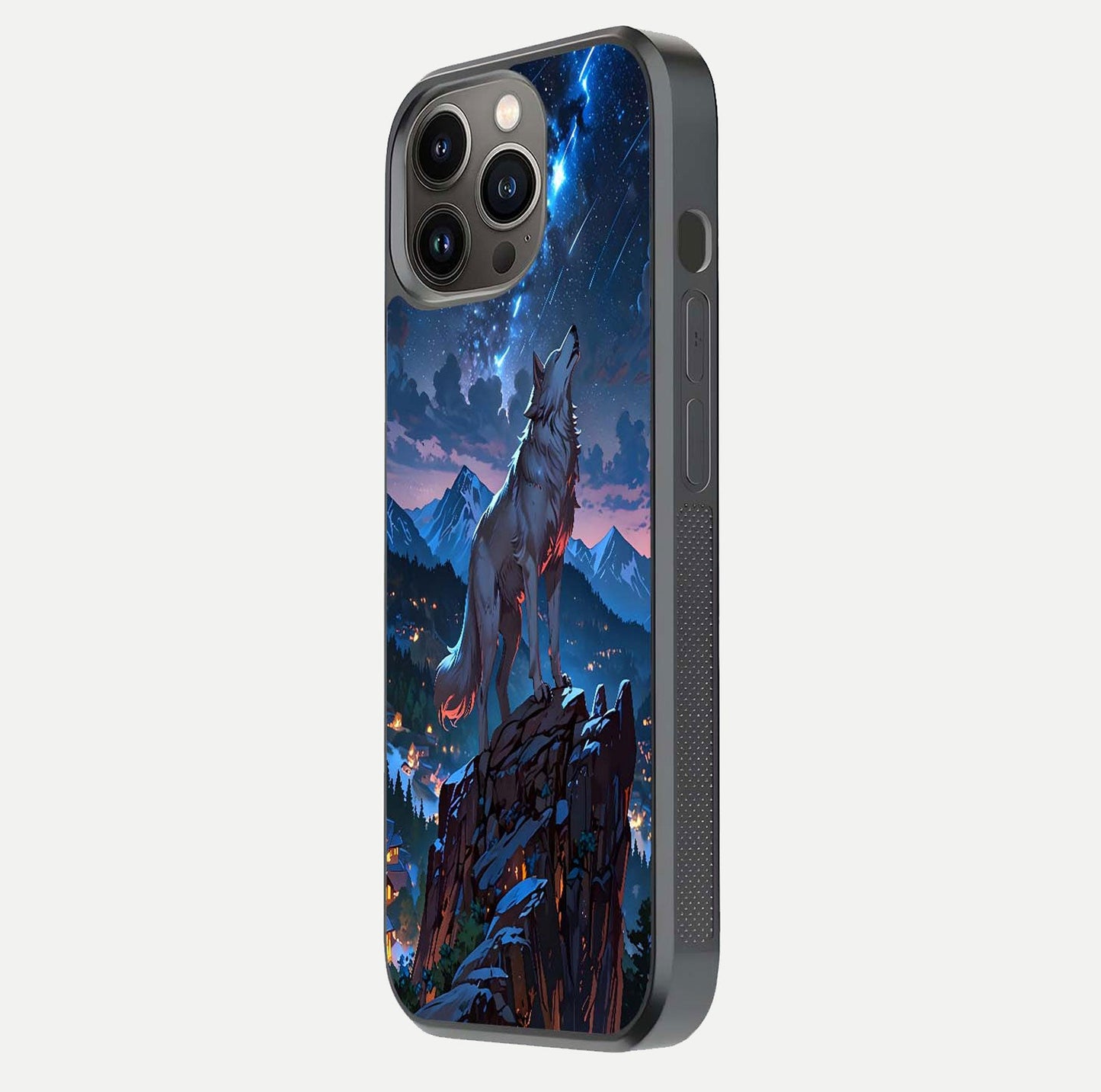 Celestial Wolf Howl Glass Case for iPhone 13 Pro side-angle image showing curve polish and moon glow