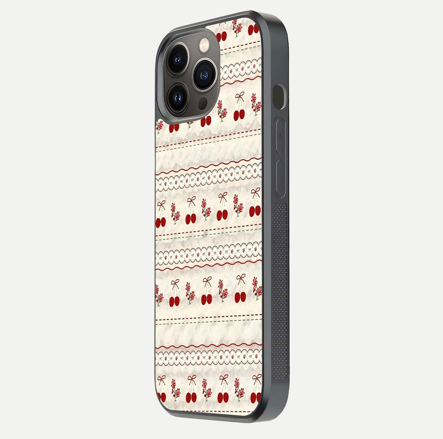 Cherry Bloom Charm Glass Case for iPhone 13 Pro side-angle photo showing flower detail and edge light