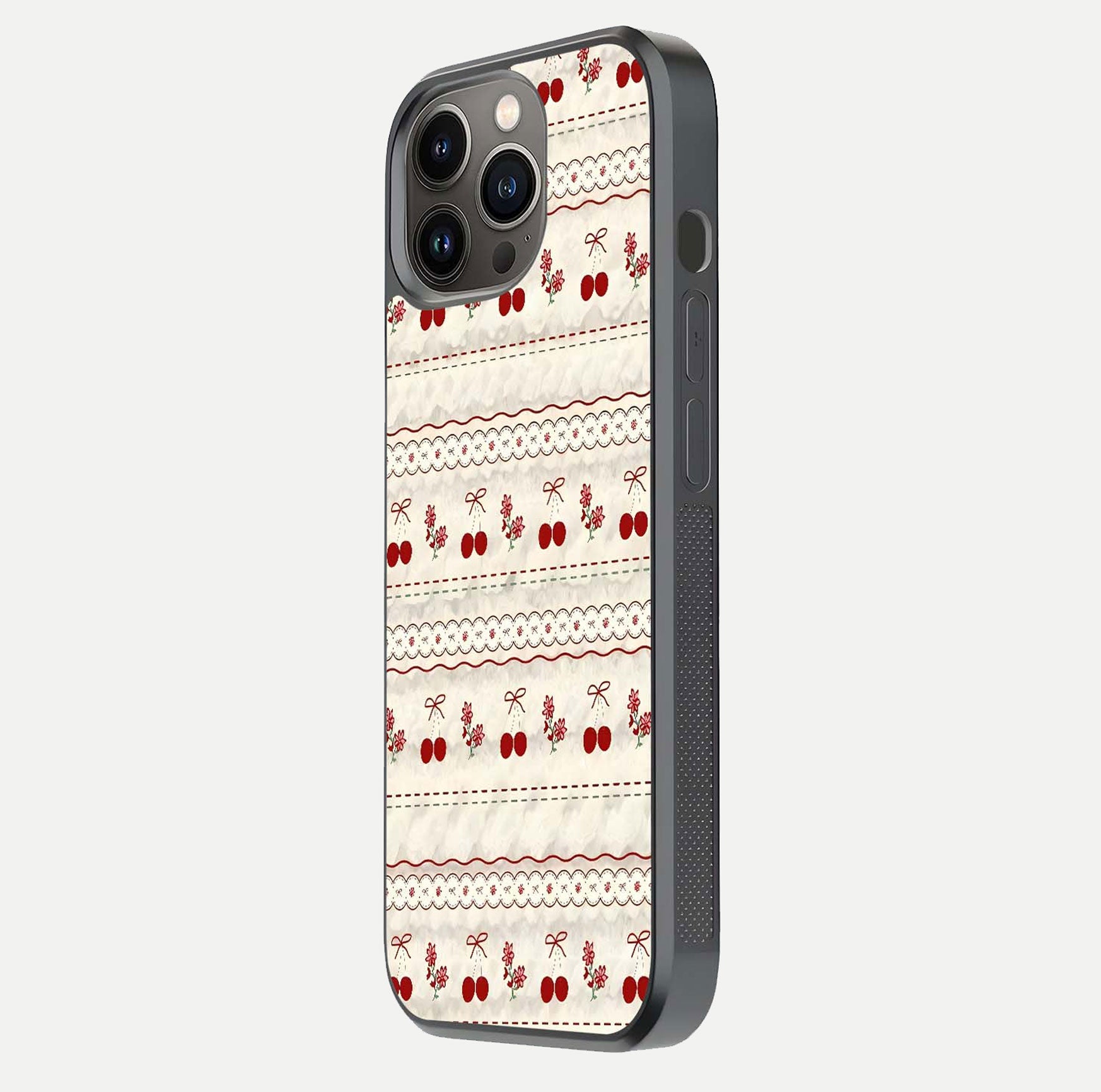 Cherry Bloom Charm Glass Case for iPhone 13 Pro side-angle photo showing flower detail and edge light