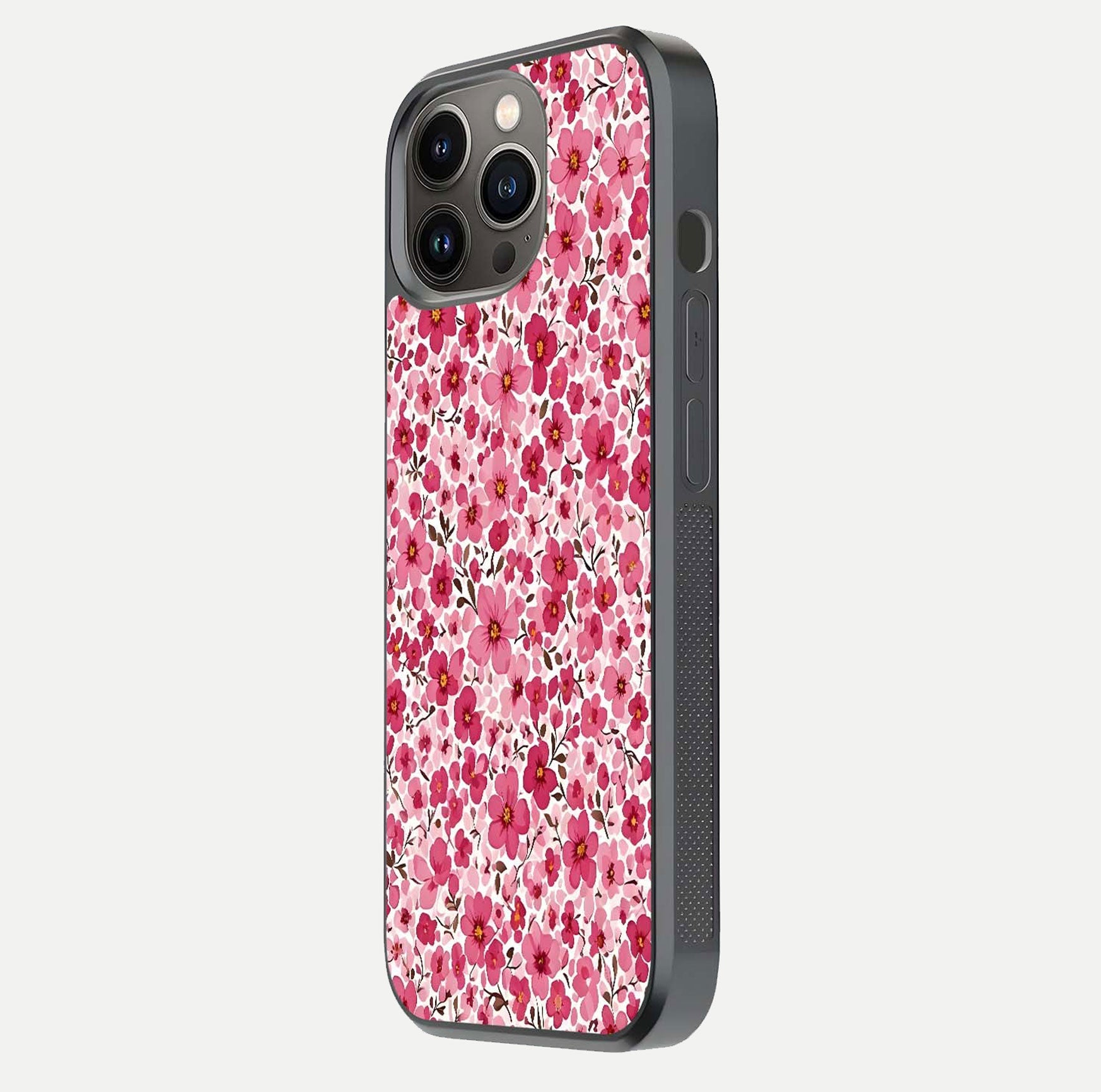 Cherry Blossom Charm Glass Case for iPhone 13 Pro side-angle image showing reflection gloss and soft texture