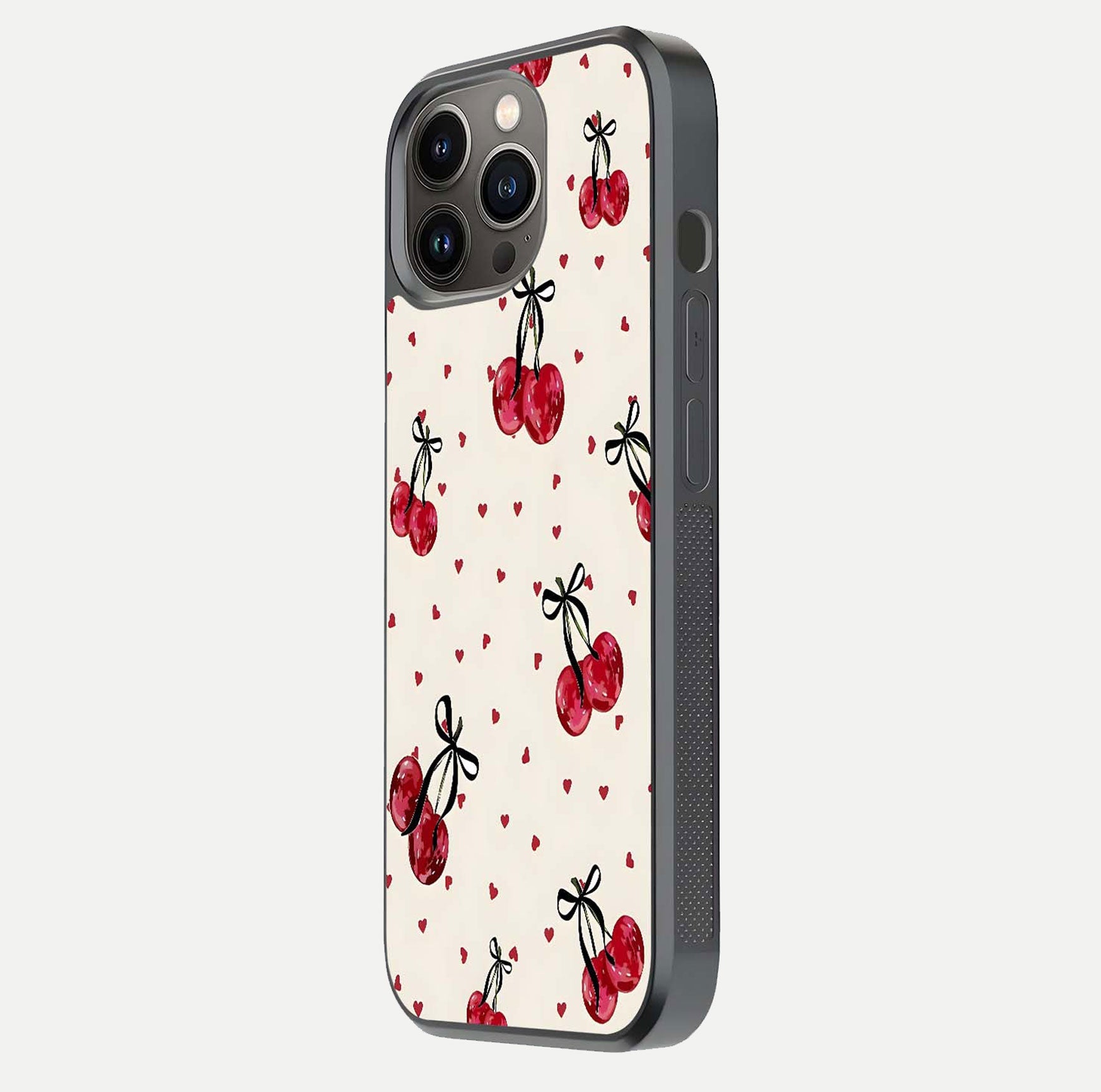 Cherry Heart Bow Glass Case for iPhone 13 Pro side-angle image capturing gloss texture and charm bow art