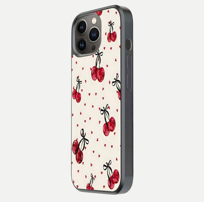 Cherry Heart Bow Glass Case for iPhone 13 Pro side-angle image capturing gloss texture and charm bow art