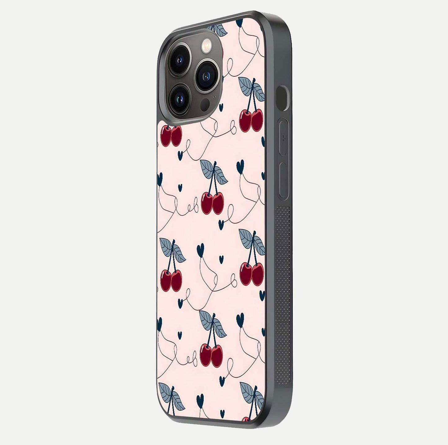 Cherry Heart Line Glass Case for iPhone 13 Pro side-angle view capturing smooth curves and shine effect