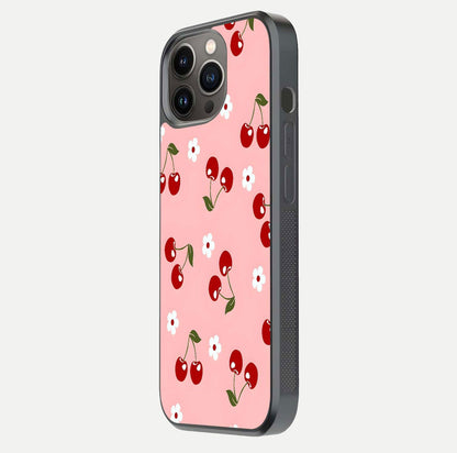 Cherry Love Mood Glass Case for iPhone 13 Pro side-angle image capturing smooth gloss and delicate details