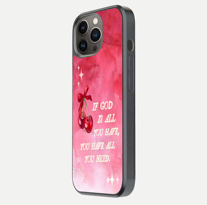 Cherry Quote Glass Case for iPhone 13 Pro side-angle image showing curve glow and glass detail
