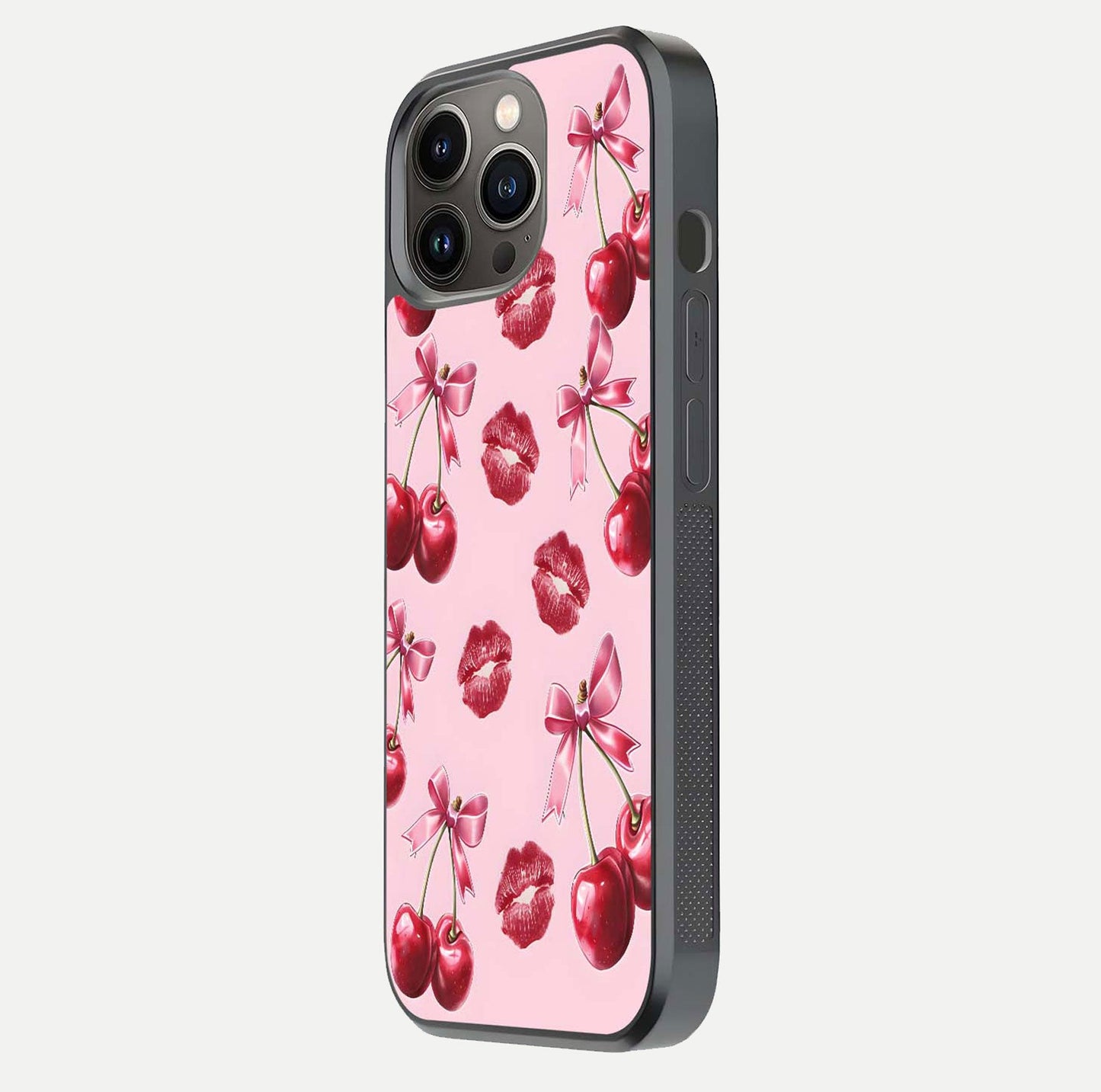 Cherry With Lips Glass Case for iPhone 13 Pro side-angle image showing gloss reflection and fine details