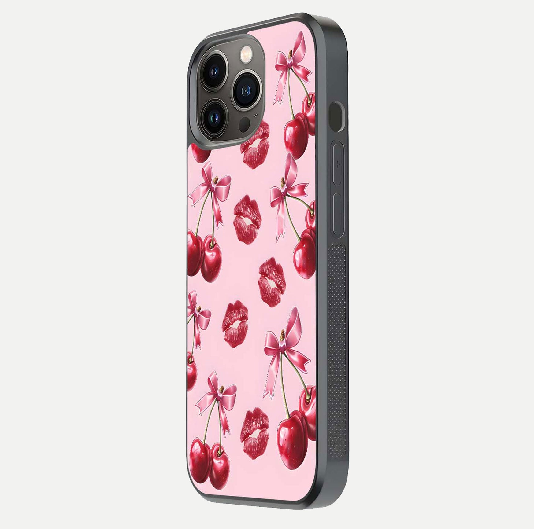 Cherry With Lips Glass Case for iPhone 13 Pro side-angle image showing gloss reflection and fine details