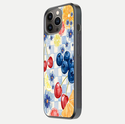 Citrus Bloom Joy Glass Case for iPhone 13 Pro side-angle photo capturing bright color and glass reflection