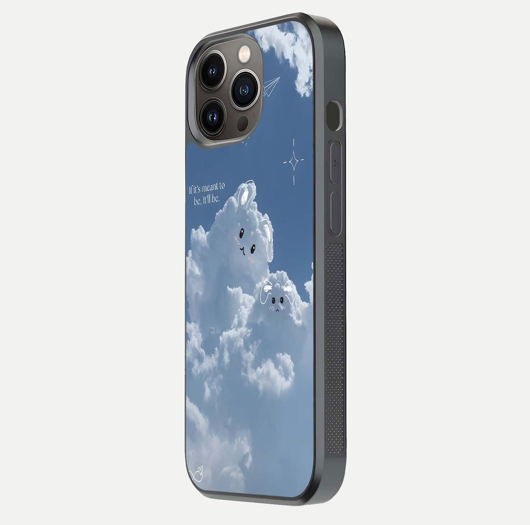 Cloud Bunny Dreams Glass Case for iPhone 13 Pro side-angle image capturing gloss texture and edge glow
