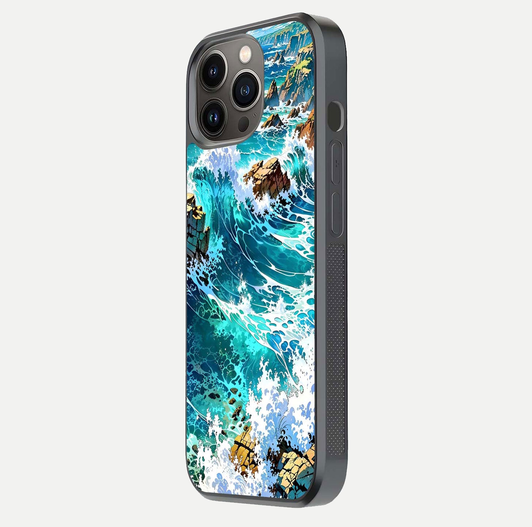 Coastal Blue Waves Glass Case for iPhone 13 Pro side-angle photo showing gloss texture and color depth