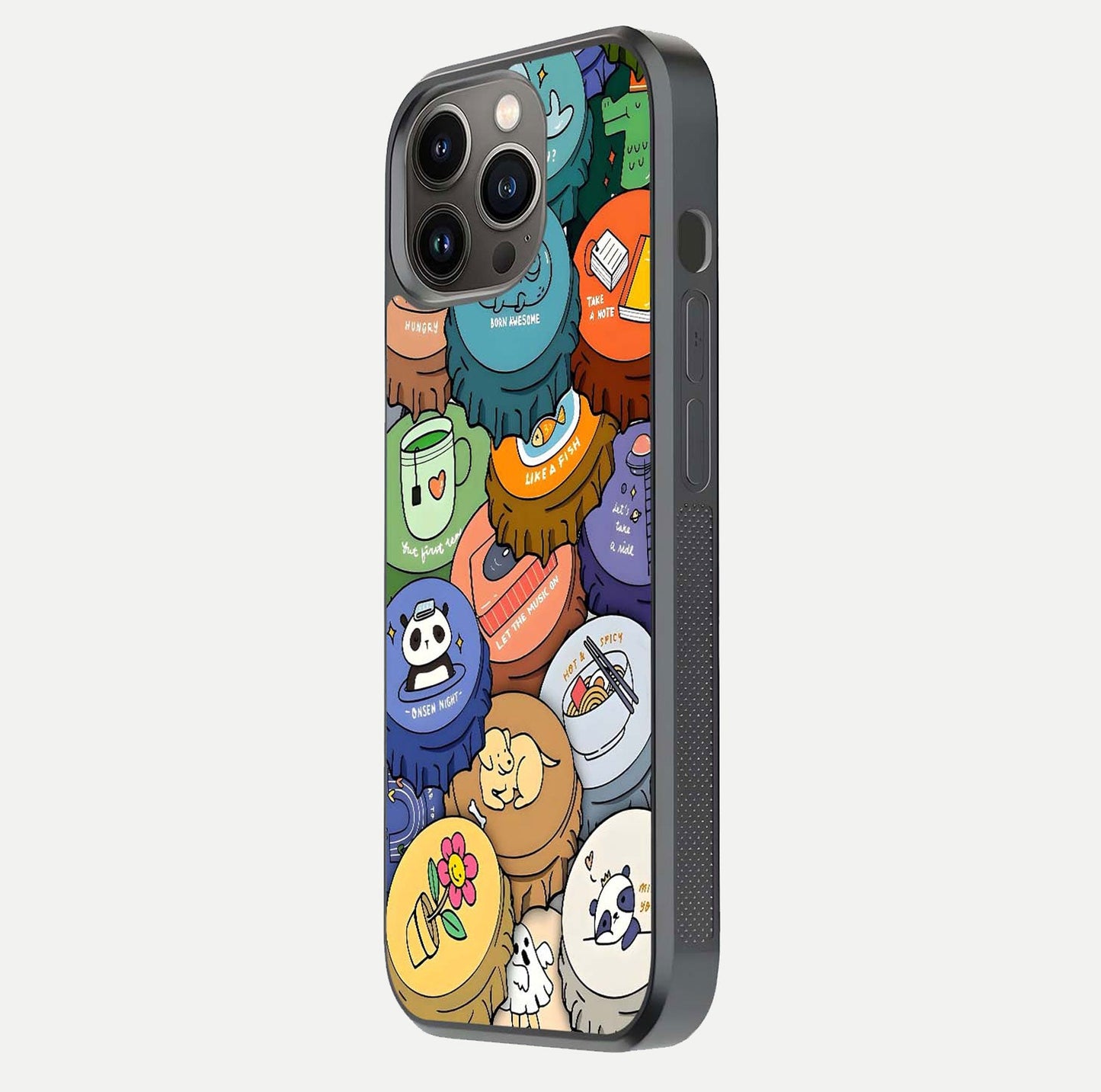 Coins Patterns Glass Case for iPhone 13 Pro side-angle photo capturing shine finish and curve glow