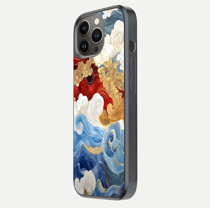 Colored Waves Glass Case for iPhone 13 Pro side-angle image showing light reflection, edge design, and shine