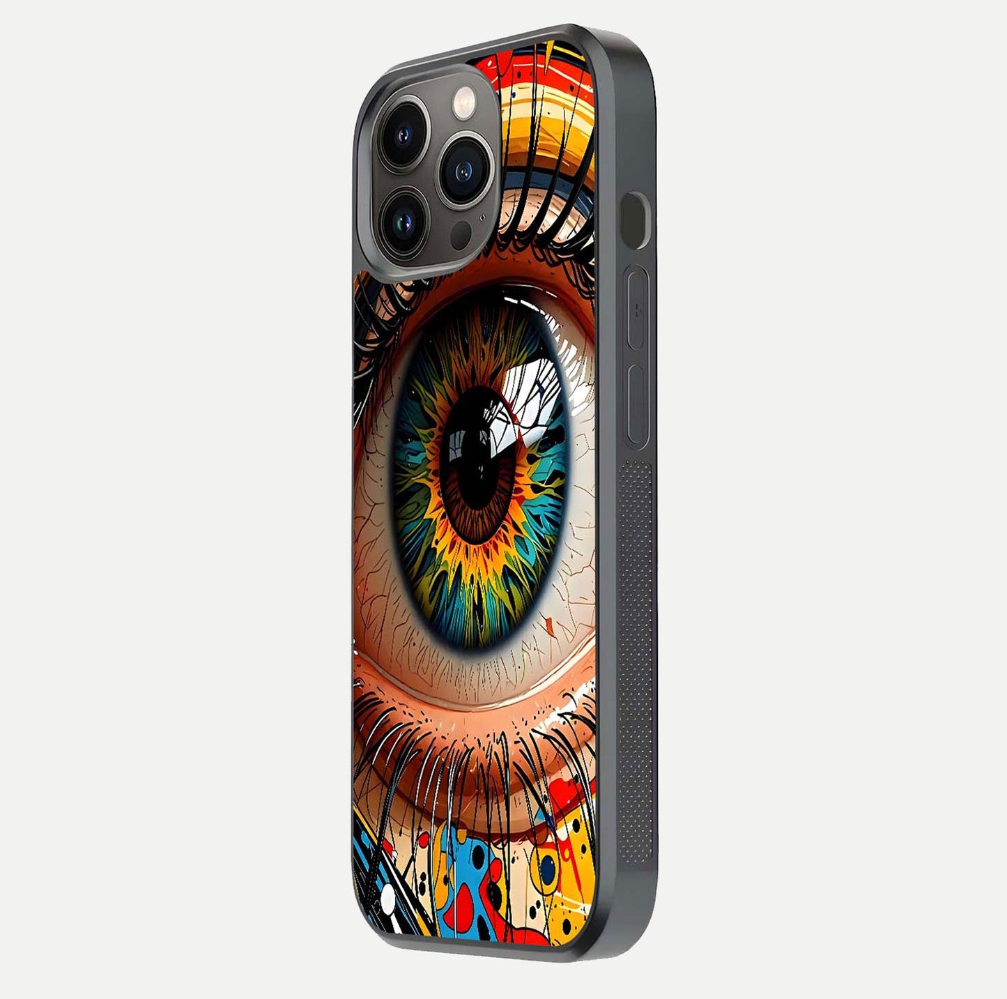 Colorful Eye Glass Case for iPhone 13 Pro side-angle photo showing reflective surface and design detail