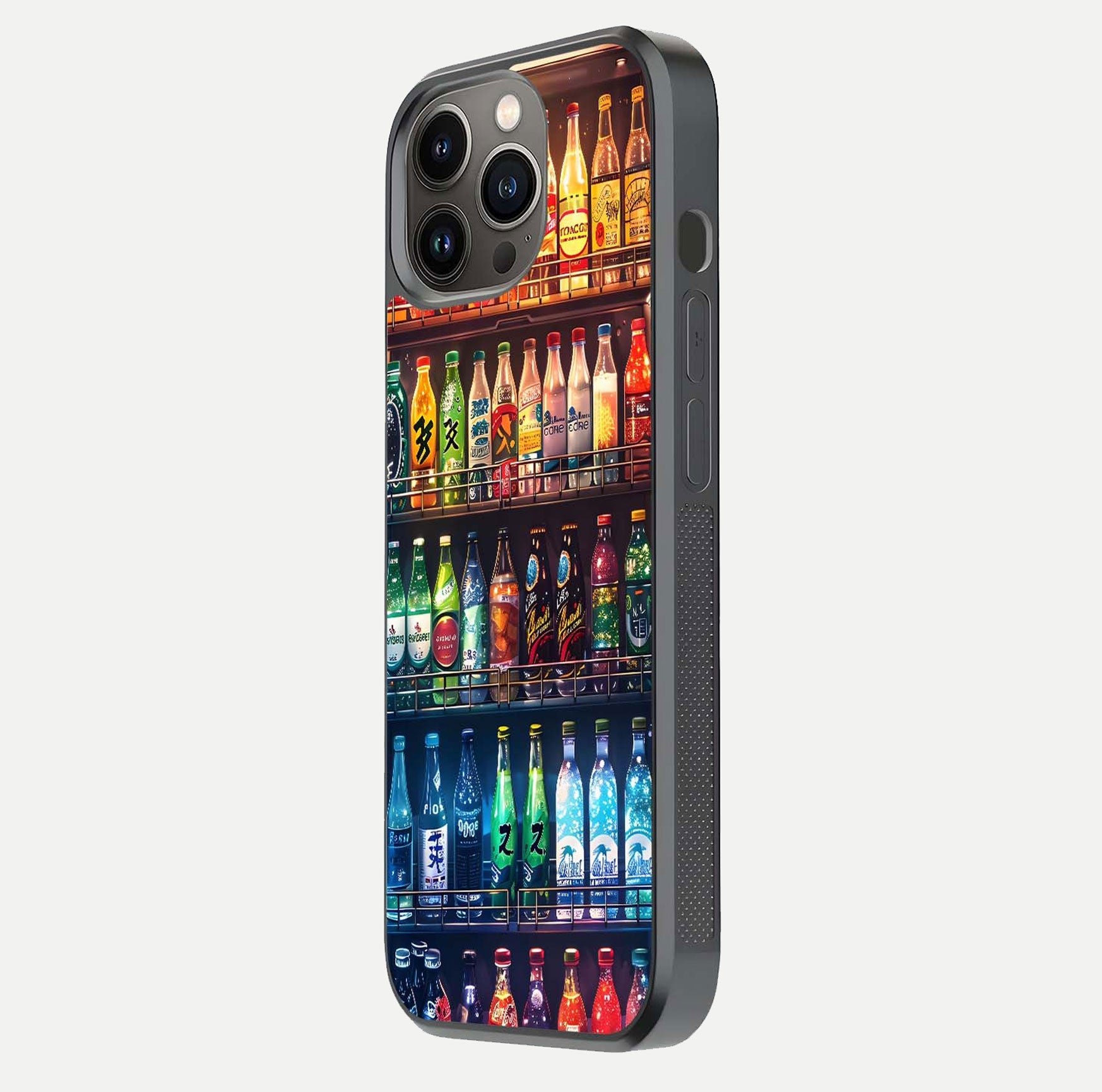 Colorful Soda Bottles Glass Case for iPhone 13 Pro side-angle photo showing polish shine and texture depth