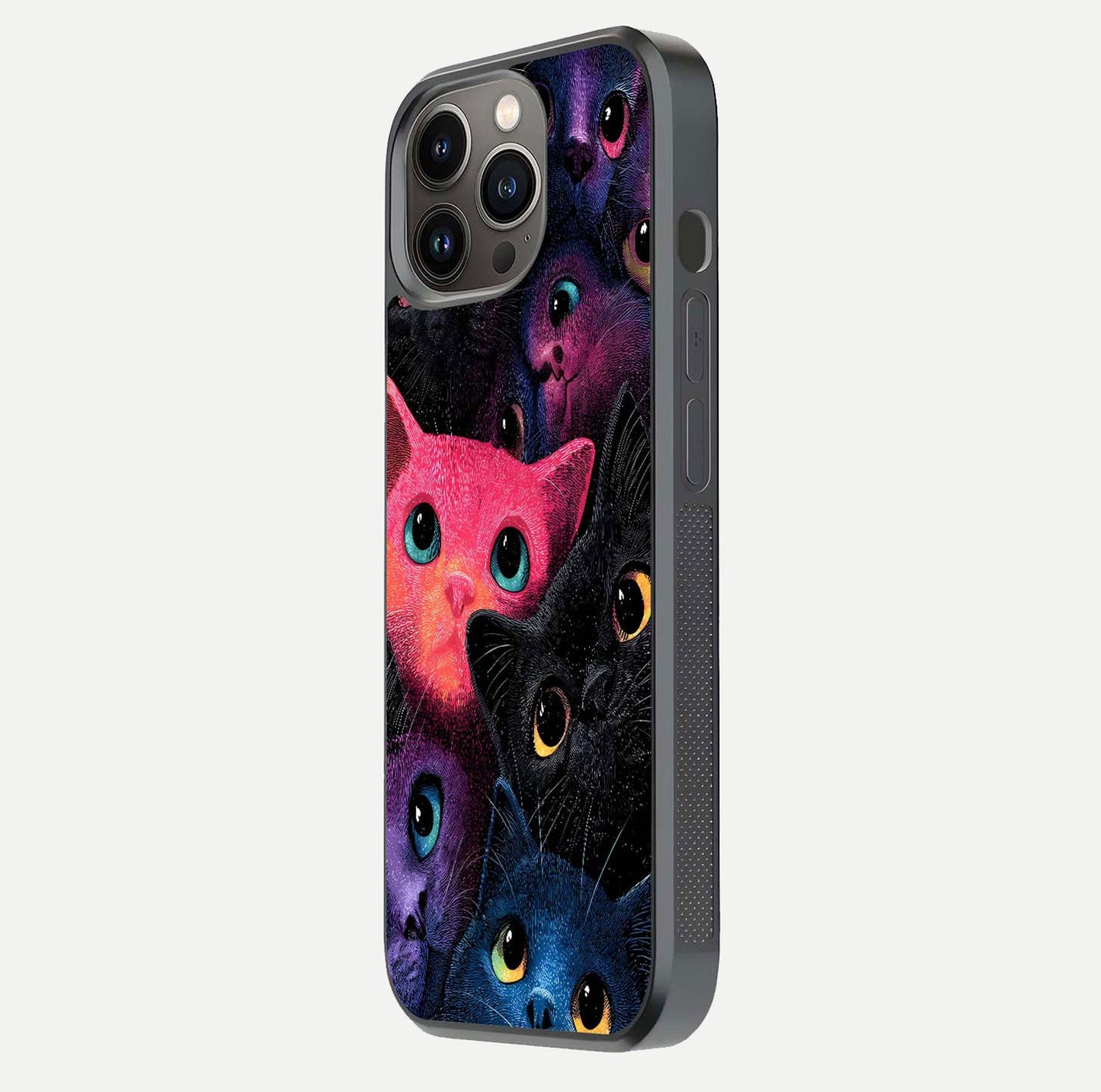 Cosmic Cats Dreams Glass Case for iPhone 13 Pro side-angle photo showing edge gloss and color depth