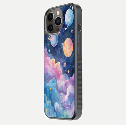 Cosmic Planet Dreams Glass Case for iPhone 13 Pro side-angle image showing texture clarity and shine