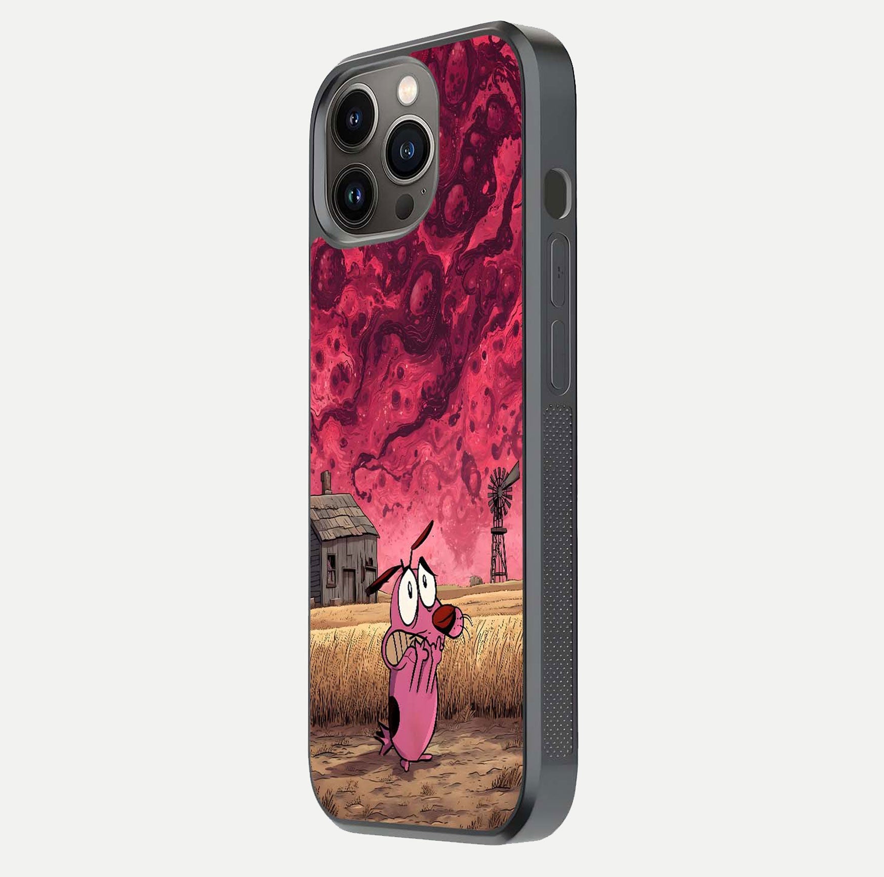Courage Under Sky Glass Case for iPhone 13 Pro side-angle photo showing gloss tone and curve highlight