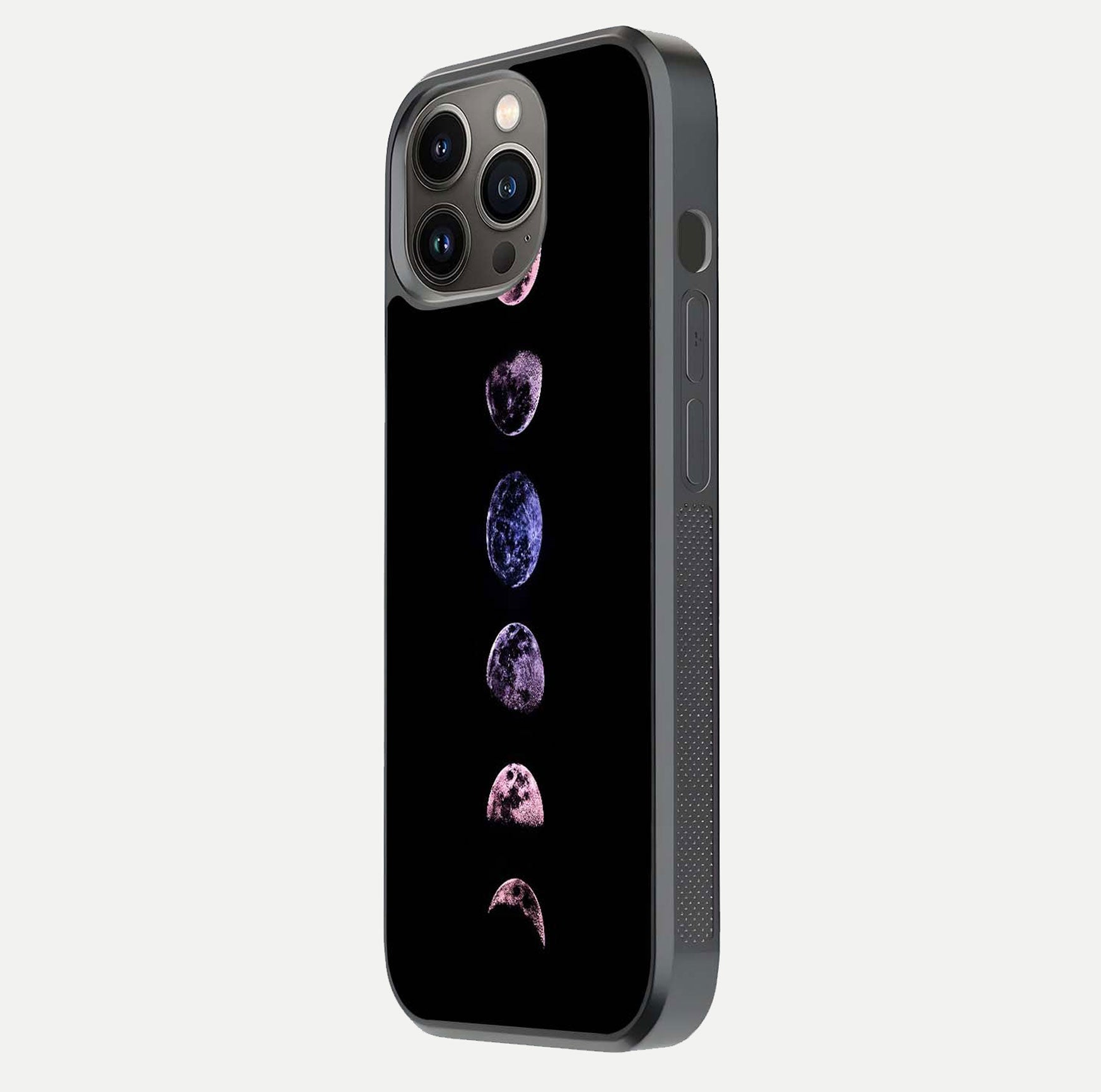 Crimson All Planets Glass Case for iPhone 13 Pro side-angle photo capturing edge glow and glass reflection