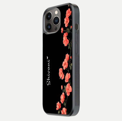 Crimson Bloom Grace Custom Name Glass Case for iPhone 13 Pro side-angle photo capturing edge glow and name clarity