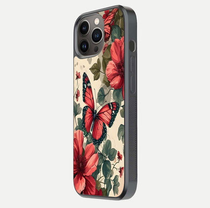 Crimson Butterfly Garden Glass Case for iPhone 13 Pro side-angle photo capturing gloss texture and soft tone
