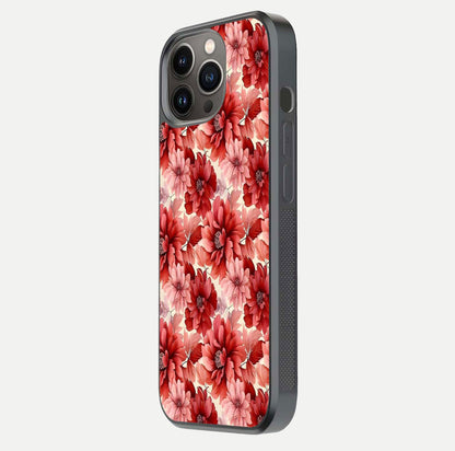 Crimson Love Petals Glass Case for iPhone 13 Pro side-angle photo showing reflection glow and edge clarity