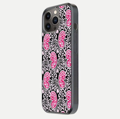 Crimson Paisley Charm Glass Case for iPhone 13 Pro side-angle image showing reflection and smooth edges