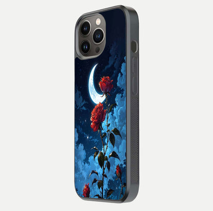 Crimson Rose Moon Glass Case for iPhone 13 Pro side-angle photo showing reflective texture and smooth curve
