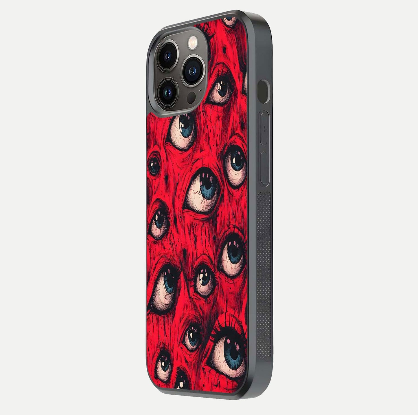 Crimson Watch Eyes Glass Case for iPhone 13 Pro side-angle photo showing reflection texture and shine