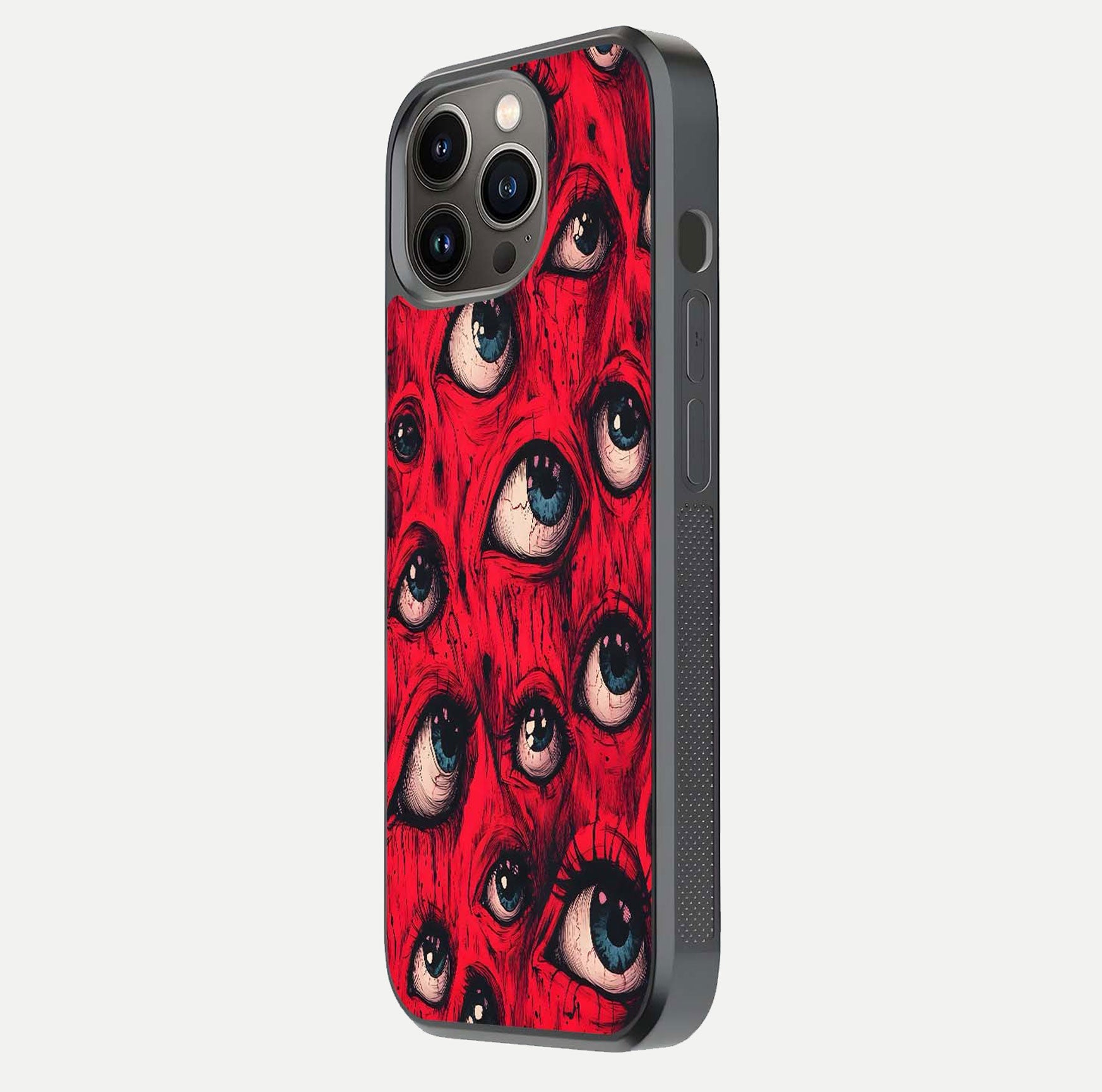 Crimson Watch Eyes Glass Case for iPhone 13 Pro side-angle photo showing reflection texture and shine