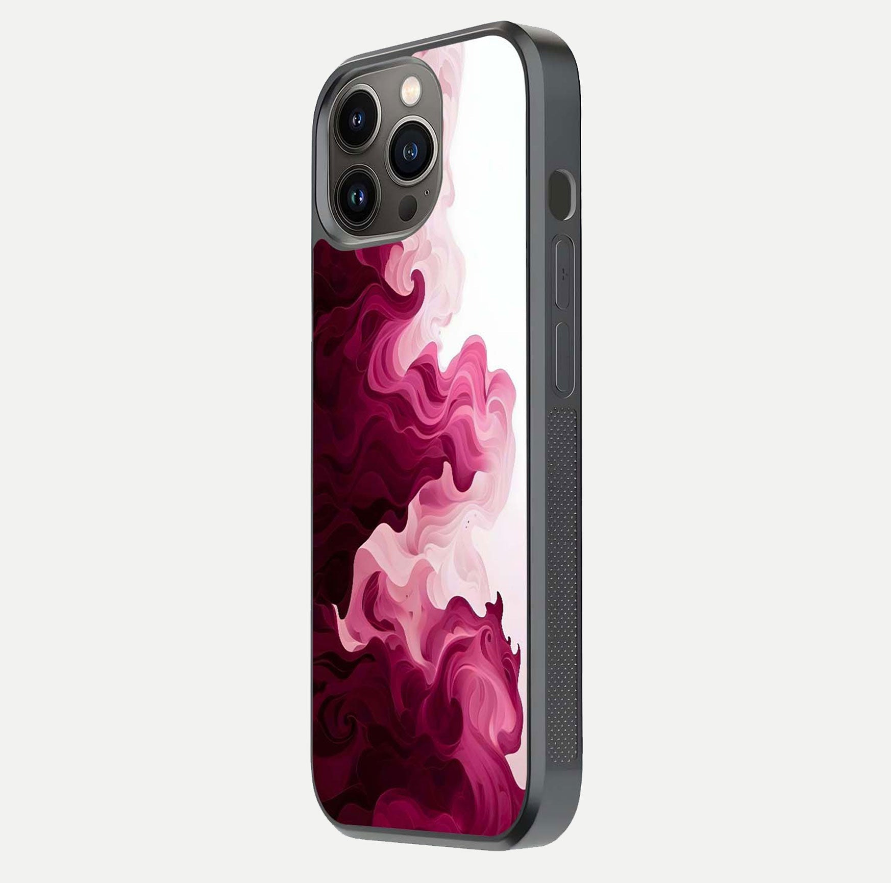 Crimson Wave Flow Glass Case for iPhone 13 Pro side-angle photo showing reflection glow and HD finish