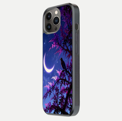 Crow & Moon Scenery Glass Case for iPhone 13 Pro side-angle photo capturing glossy shine and artistic contrast