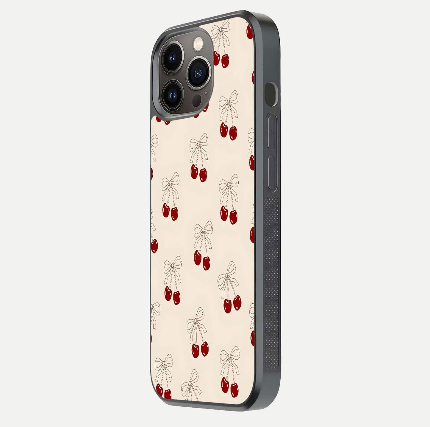 Cute Cherry Pattern Glass Case for iPhone 13 Pro side-angle photo highlighting gloss curve and pattern clarity