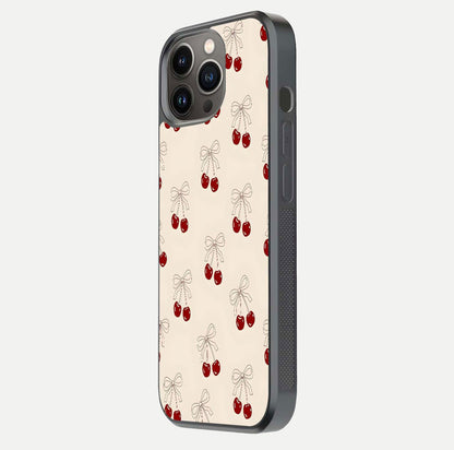 Cute Cherry Pattern Glass Case for iPhone 13 Pro side-angle photo highlighting gloss curve and pattern clarity
