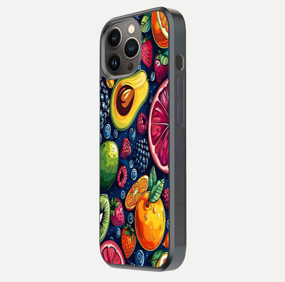 Cute Fruits Art Glass Case for iPhone 13 Pro side-angle photo showing reflective finish and smooth edges