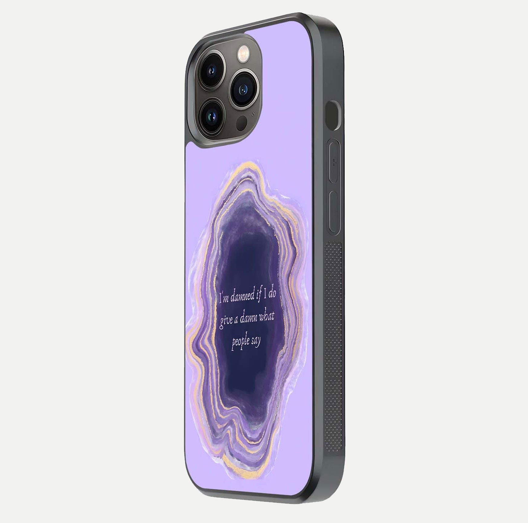 Damned People Quote Glass Case for iPhone 13 Pro side-angle image showing light shine and smooth edges