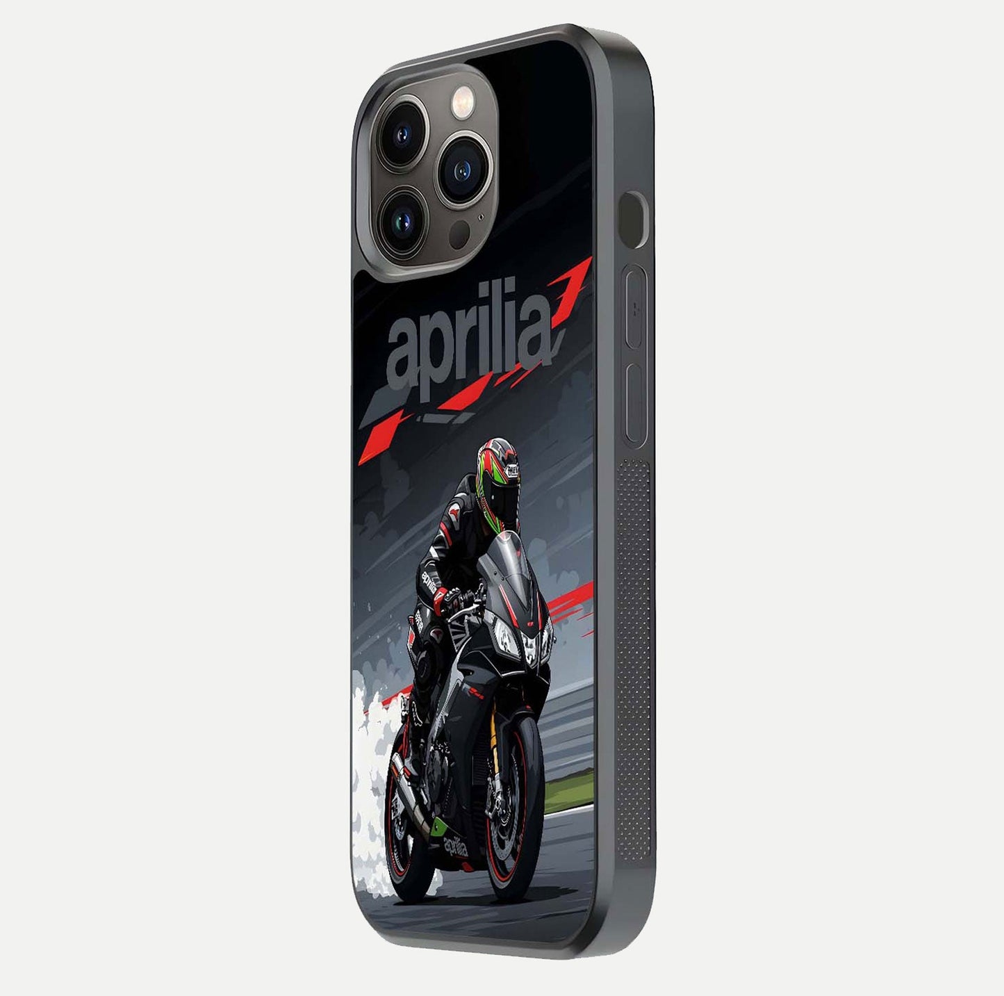 Dark Aprilla Glass Case for iPhone 13 Pro side-angle photo showing reflection gloss and curved edge finish