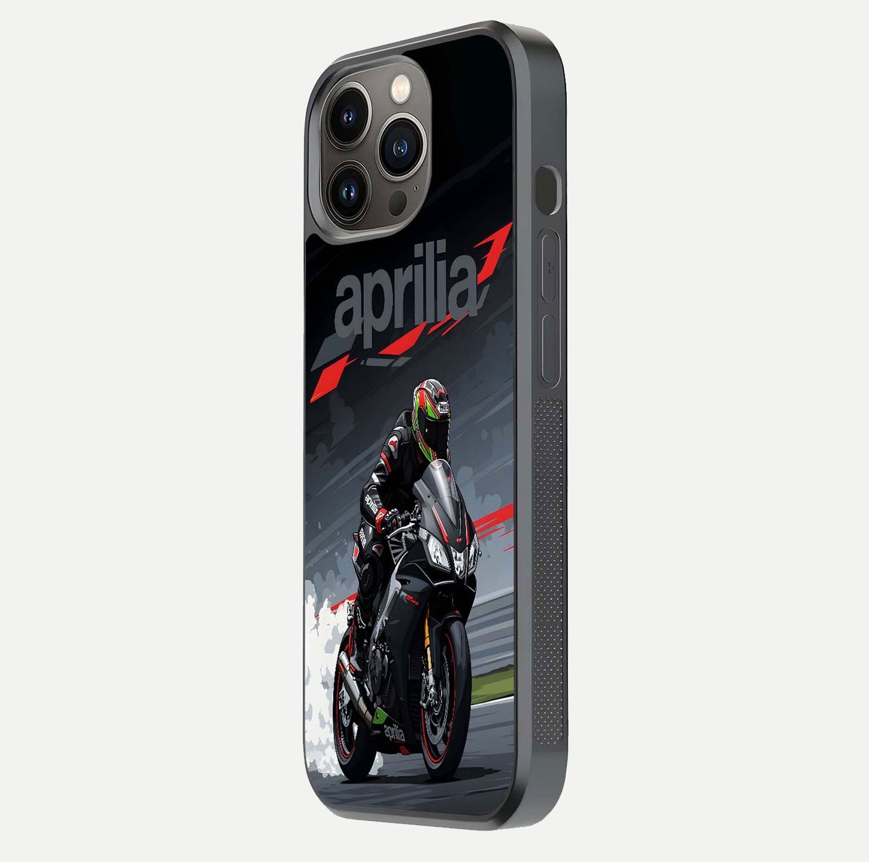 Dark Aprilla Glass Case for iPhone 13 Pro side-angle photo showing reflection gloss and curved edge finish