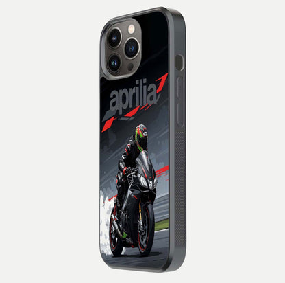 Dark Aprilla Glass Case for iPhone 13 Pro side-angle photo showing reflection gloss and curved edge finish